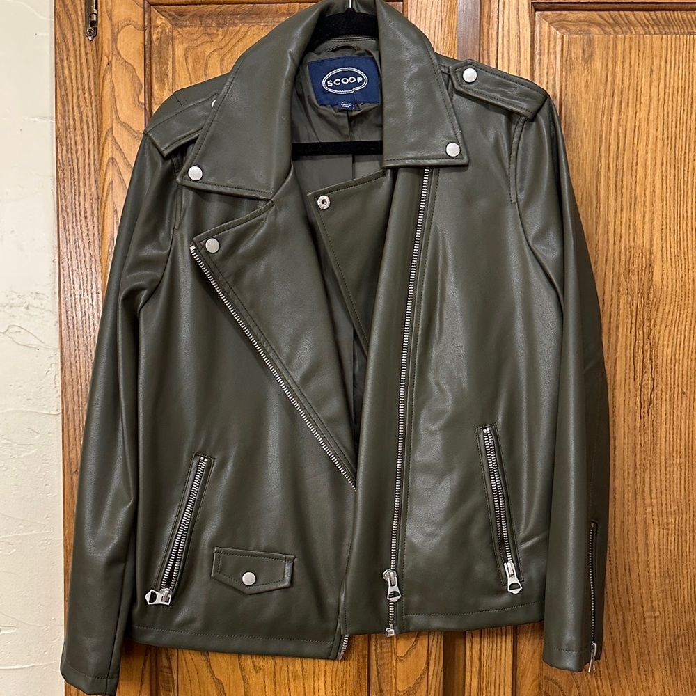 Scoop Olive Leather Jacket for Women